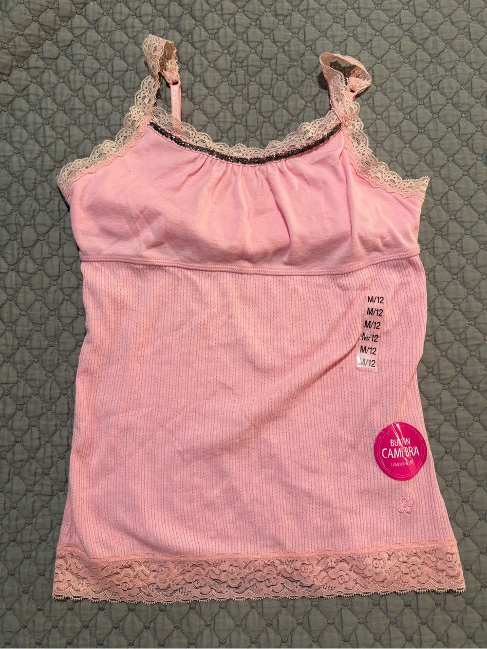 VINTAGE Limited Too Pink Ribbed Lace Cami Tank Top Built-In Bra NWT Size 12